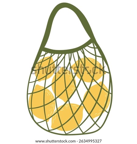 Eco bag mesh string bag lemons. Reusable fabric, mesh, for grocery and food market. Zero waste, plastic-free concept.