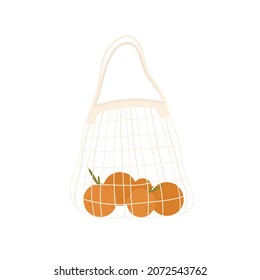 Eco bag, mesh string bag with oranges. Zero Waste Concept. Alternative to a plastic bag. Vector illustration in cartoon style. Isolated on white background.