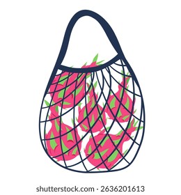 Eco bag mesh string bag pitaya, dragon fruit. Reusable fabric, mesh, for grocery and food market. Zero waste, plastic-free concept