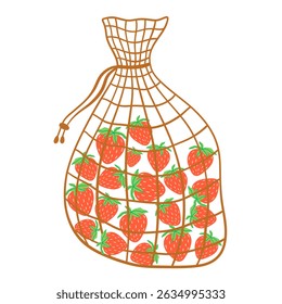 Eco bag mesh string bag with  strawberries. Reusable fabric, mesh, for grocery and food market. Zero waste, plastic-free concept.