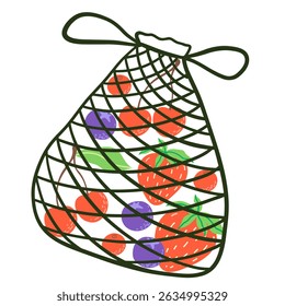 Eco bag mesh string bag with  strawberry, blueberry and cherry. Reusable fabric, mesh, for grocery and food market. Zero waste, plastic-free concept.