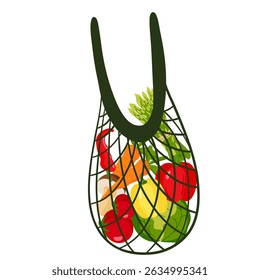 Eco bag mesh string bag with  vegetables. Reusable fabric, mesh, for grocery and food market. Zero waste, plastic-free concept.