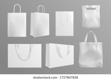 Eco bag mockup. Realistic canvas paper handbags. Modern material or cotton reusable packs for shoppers. White shopping packages vector set