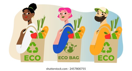 Eco bag. Multicultural people care about the planet. Intersectionality people with an eco bag. No plastic bag campaign. Save environment and the earth. Healthy vegetables and food.