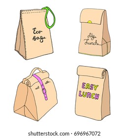 Eco bag, my lunch, eat it all, easy lunch. Lunch box collection. Hand drawn sketch.