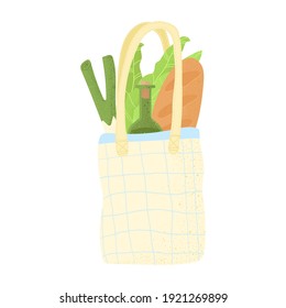 Eco bag with nature goods from local grocery.  Hand drawn elements of zero life waste in cartoons style vector. Eco style. No plastic. Go green