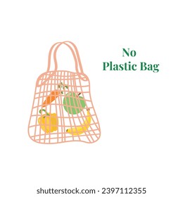 Bolsa ecológica, sin bolsa de plástico, comida orgánica, estilo de vida saludable, basura cero. Ilustración vectorial en estilo plano.