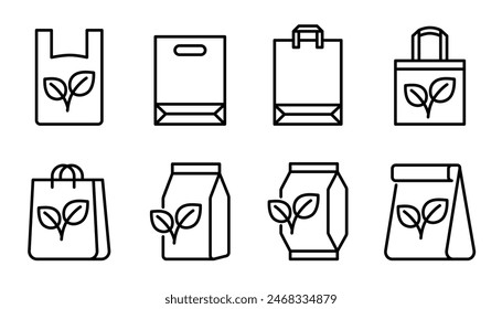 Eco bag outline icons set. Eco friendly package symbol. Editable stroke. Isolated vector illustration 