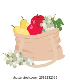 Eco bag with pears, apples and grapes isolated on white background. Vector illustration.