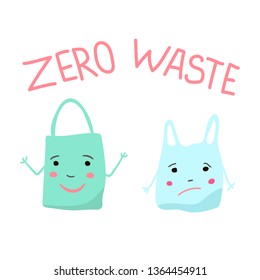 Eco bag and plastic bag in doodle style and hand lettering zero waste. Vector illustration