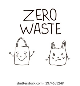 Eco bag and plastic bag in doodle style and hand lettering zero waste