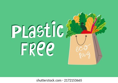 El concepto libre de plástico de la bolsa ecológica. Ilustración dibujada a mano.