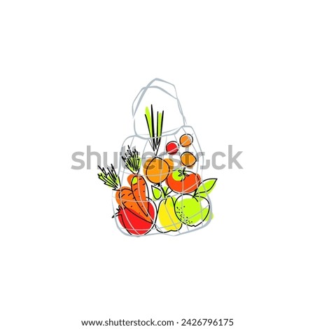 Eco bag poster, print or card. Eco life vector illustration. Farm fresh. Textile shopping bag with fruits and vagetables.