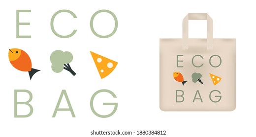 Eco bag print with typography and food icons like fish, broccoli, cheese, vegetarian. Geometric print on tote bag. Vegetarian food. Vector illustration