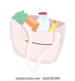 Eco bag with products cartoon vector illustration. Reusable cotton tote handbag full of grocery purchases flat color object. Plastic free, zero waste bag for shopping isolated on white background