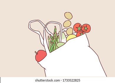 Eco bag with products on color background. Hand drawn style vector design illustrations.