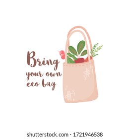Eco bag with products. Reusable grocery eco concept. Zero waste lifestyle