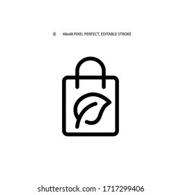 Eco-Tasche, wiederverwendbare Tasche und Baumblatt einfache schwarze Linie Web-Symbol Vektorgrafik. Bearbeitbarer Strich. 48x48 Pixel perfekt.
