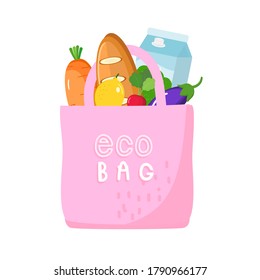 Eco bag reuse concept. cloth bag full of grocery products with cute hand drawn text "eco bag". Flat design.