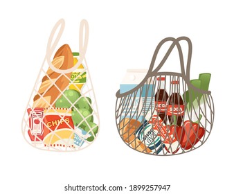 ECO BAG set with different type of bags for shopping bags filled with groceries from the store flat vector illustration on white background