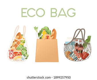 ECO BAG set with different type of bags for shopping bags filled with groceries from the store flat vector illustration on white background