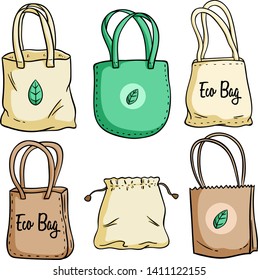 Eco Bag Set Illustration With Colored Hand Drawn Style