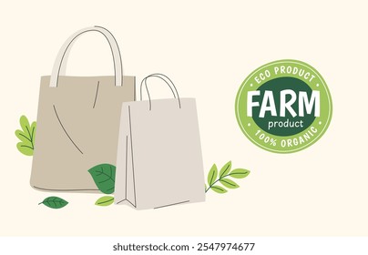 Bolsa Eco. Vinheta de produtos ecológicos verdes. Produtos naturais frescos. Pratos veganos. Cuidar da natureza. Ilustração vetorial