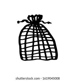 Eco bag storage tank on the ties ecology concept in doodle style isolated on white background. Zero waste. Refuse plastic. Vector outline illustration. Save planet. One lines. Black,white minimalist.