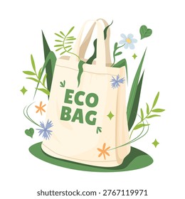 Eco bag surrounded by leaves in flat style on white background, symbolizing sustainability and green living. Vector illustration