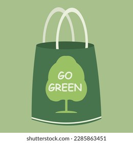 Eco bag with text vector Illustration. Reusable shopping bag with lettering Go Green. Ecology shopping. Handbag with typography