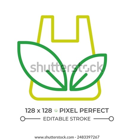 Eco bag two color line icon. Plastic bag and leaves bicolor outline symbol. Recyclable plastic. Reduce waste. Eco shopping bag. Duotone linear pictogram. Isolated illustration. Editable stroke