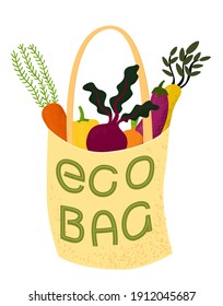Eco bag. Vector illustration of cloth tote full of organic vegetables with lettering.
