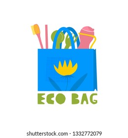 Eco bag vector illustration. Zero waste. Recyclable material, products cartoon clipart. Environment protection. Ecology friendly packaging, containers. Plastic free bottle. Paper shopping tote
