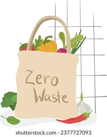 Eco bag with vegetables, hand draw zero waste bag. 