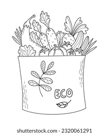 Eco bag with vegetables. Vector outline illustration sketch. Paper bag with food - Carrots, beetroot, tomatoes, cucumbers, eggplant. Ecology concept and recycling, grocery shopping and delivery