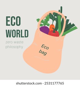 Saco ecológico com legumes. Conceito de desperdício zero. Sacos para comida, verduras, frutas. Cartão-postal quadrado, capa. Ilustração vetorial, estilo plano.