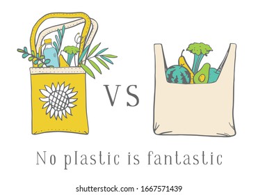 Eco bag vs plastic bag. Zero waste composition. Two bags with products and leaves. Hand drawn vector sketch illustration
