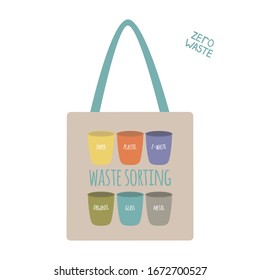 Bolsa ecológica. Clasificación de residuos. Menos plástico, basura cero, 5R, eco-amigable, dicen no a los conceptos de plástico. Los desechos reducen la infografía para carteles, publicaciones en medios sociales. Plano. Ilustración de material vectorial.