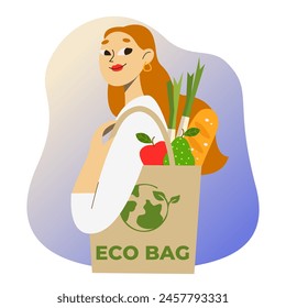 Eco bag or zero waste bag. People care about the planet. No plastic bag campaign. Save environment and the earth. Healthy vegetables and food in the bag. Shopping of organic products.