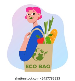 Eco bag or zero waste bag. People care about the planet. No plastic bag campaign. Save environment and the earth. Healthy vegetables and food in the bag. Shopping of organic products.