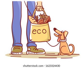 Eco bag. Zero Waste. Say no plastic. Vector color illustration with eco bag shopping and cute dog isolated on white 