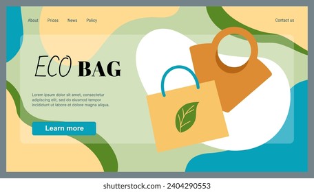 Eco bags landing page. Recycling canvas pocket. Recyclable shopper. Zero waste. Reusable handbag. Fabric sack. Ecology friendly technology. Shopping package. Website design template. Vector background