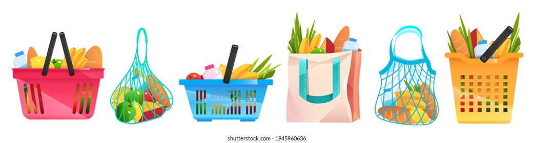 Eco bags net, cotton or paper shopping containers with grocery isolated on white background. Reusable ecological packages, mesh bags with fresh food, fruits, vegetables and bread, Cartoon vector set