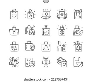 Eco bags. No plastic. Eco friendly. Recycling. Store and shopping. Pixel Perfect Vector Thin Line Icons. Simple Minimal Pictogram