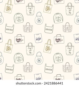 Eco bags seamless pattern with shopper bags, hand drawn vector illustration