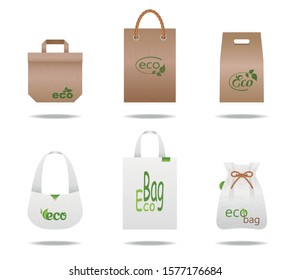 Eco Bags. Set of paper and fabric packaging bags with eco logos. Say no to plastic bags. Concept of conservation of nature and the environment.  Isolation. Vector illustration