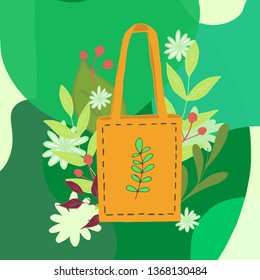 Eco bag.Zero waste shopper.Cute hand drawn illustration with leaves and flowers on the background.Doodle style.Image for cards,posters, placards,flyers,brochures,cover,banner and other graphic design.