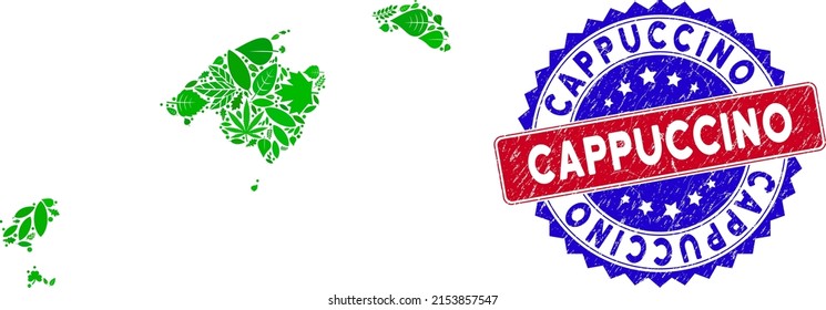 Eco Balearic Islands map collage of floral leaves in green color variations and grunge bicolor Cappuccino seal stamp. Red and blue bicolored stamp with unclean style and Cappuccino slogan.