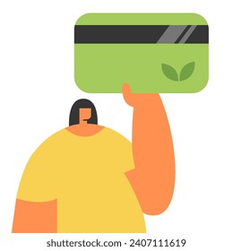 Eco Bank card in the hand of a businesswoman woman. Sustainable development in business and in the banking system. Flat vector illustration.