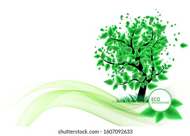 Eco banner. Abstract wave and green tree background. Bright design. Brochure Template. Vector illustration